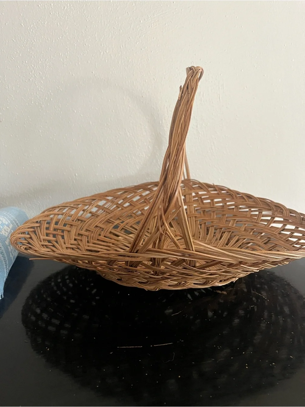 Authentic Vintage Rattan Handled Basket with Blue Lining and Decorative Floral